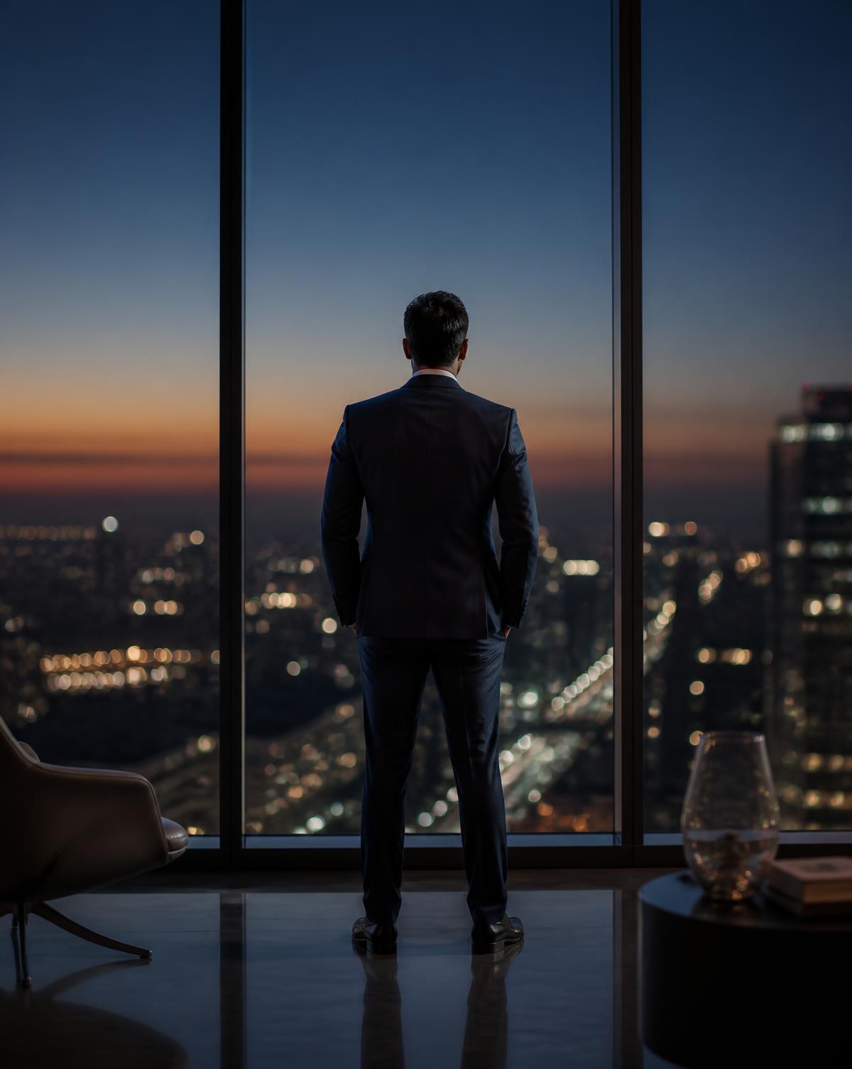 A senior professional looking out over a city skyline at dusk